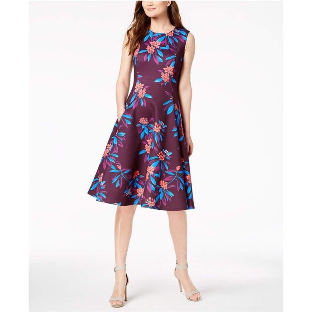 Calvin Klein Scuba Fit and Flare Dress 12 Sleeveless Pockets Purple Blue Office